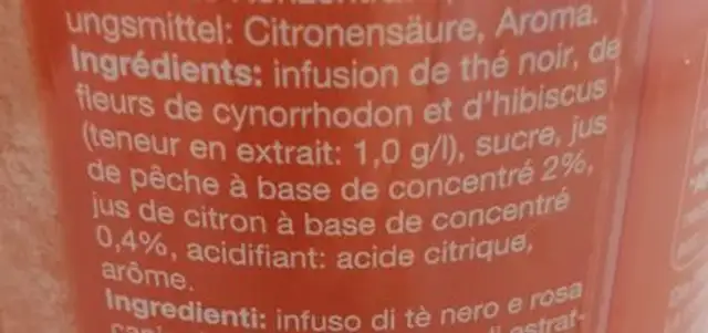 Ice tea ingredients label