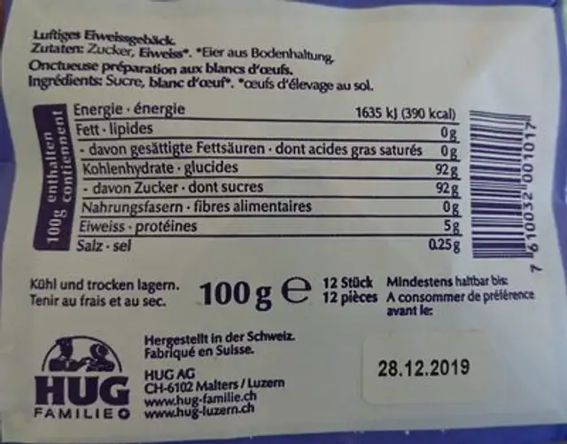 Coques Meringues Hug 12 pc 100 gr, 1 Paquet ingredients label