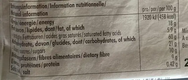 Dar-vida Break Apple Cranberry nutrition facts table