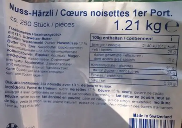 Nuss-härzli ingredients label