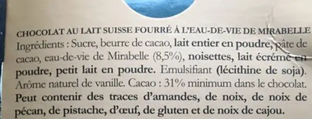 Chocolat Suisse : Tablette de Chocolat au Lait fourre Mirabelle Liquide ingredients label