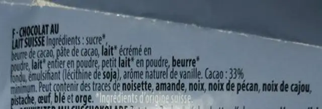 Villars Milk Chocolate Swiss Milk ingredients label