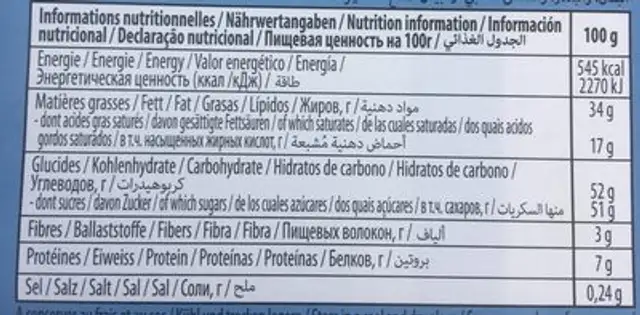 Villars Milk Chocolate Hazelnuts ingredients label