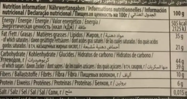 Villars Smooth Dark Chocolate nutrition facts table