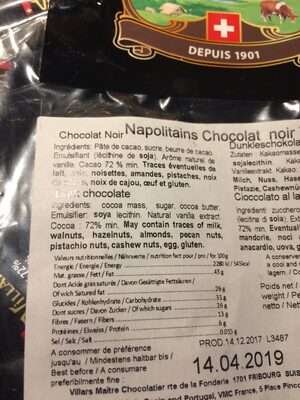 Mini chocolats noirs 72% ingredients label