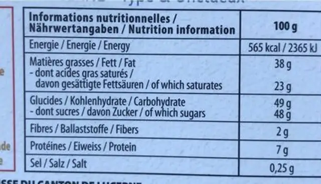Villars Milk Chocolate Luzern Full Bodied & Fresh nutrition facts table