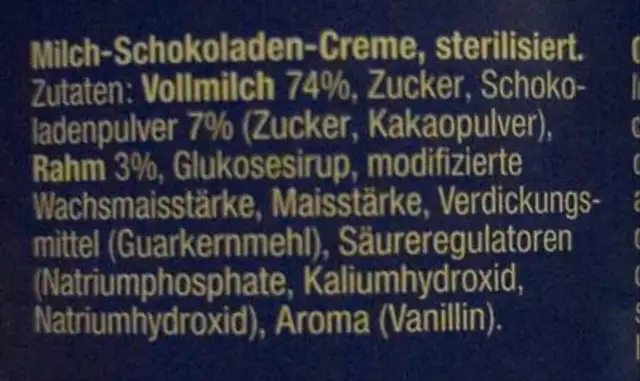 Stalden Choco-Lait ingredients label