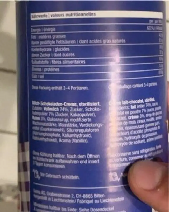 Stalden Choco-Lait nutrition facts table