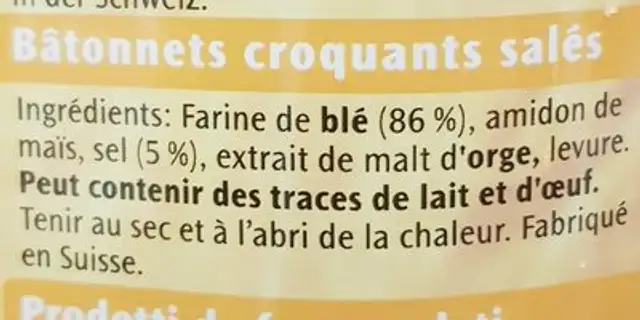 Sticks ingredients label