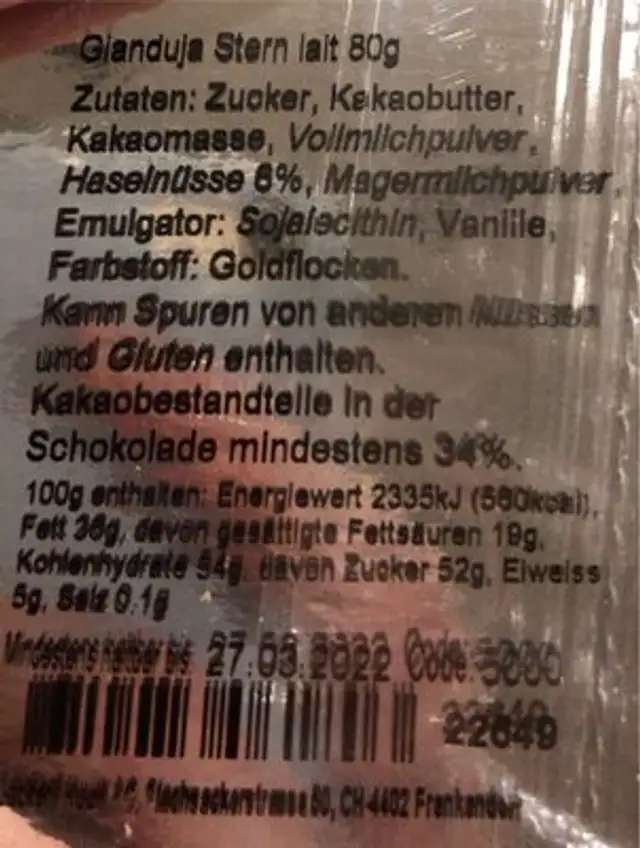 Gianduja Stern Lait nutrition facts table