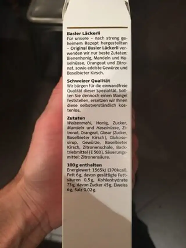 Basler Läckerli Piccolo ingredients label