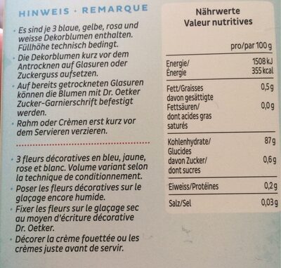 fleurs décoratives en papier azyme ingredients label