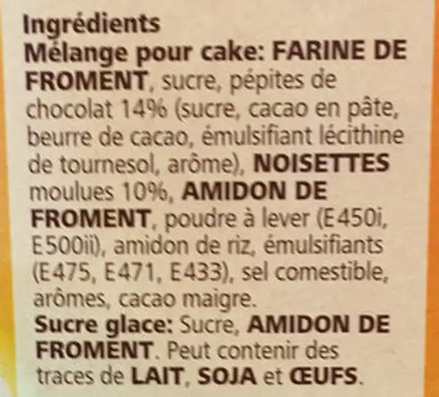 Cake Tyrolien ingredients label