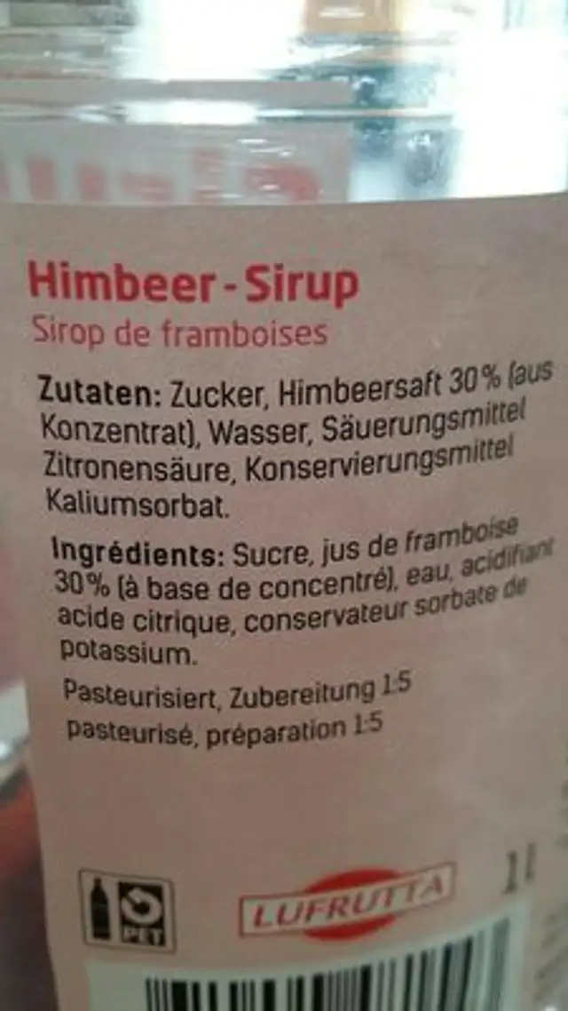 Sirop Framboise Lufrutta 1 L, 1 Litre ingredients label