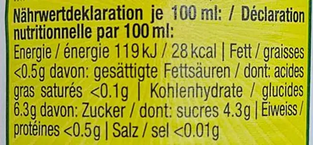 Panaché nutrition facts table