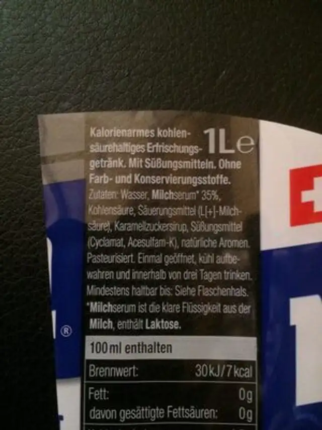 Rivella Light ingredients label