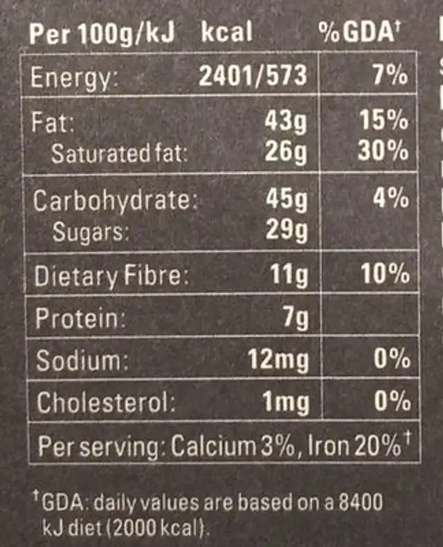 Cru Virunga 70% Deep Dark Chocolate nutrition facts table