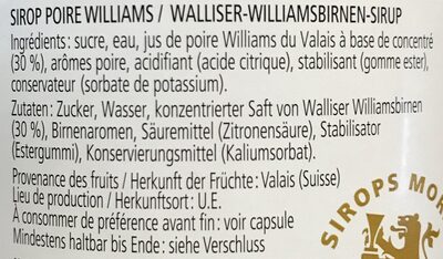 Sirop Poire Williams du Valais ingredients label