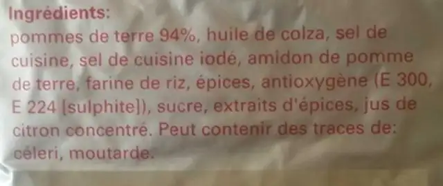 Volg Rösti ingredients label