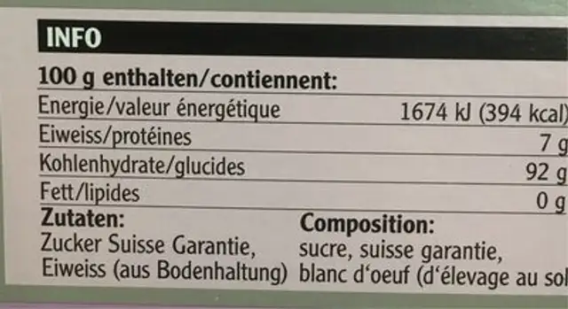 Meringues Castel nutrition facts table