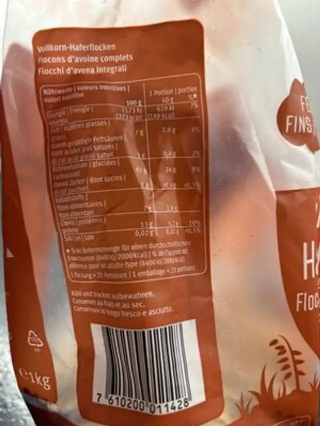 Vollkorn-Haterflöckli fein nutrition facts table