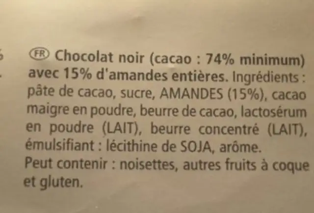 Chocolat noir aux amandes ingredients label
