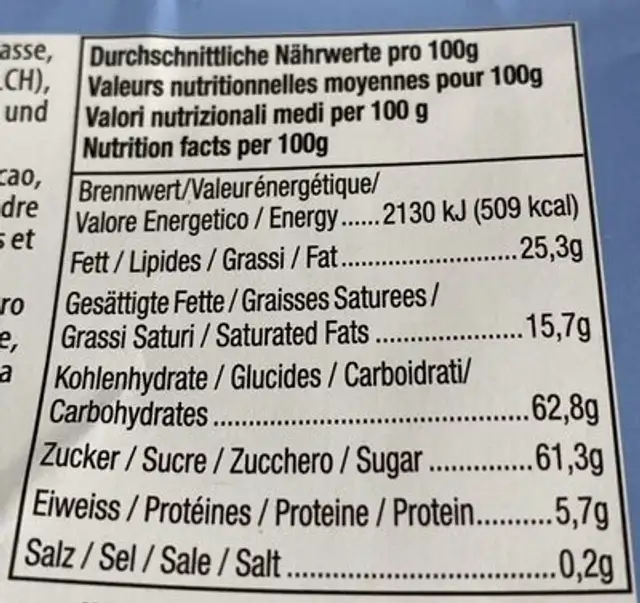 Original chocolat suisse au lait nutrition facts table