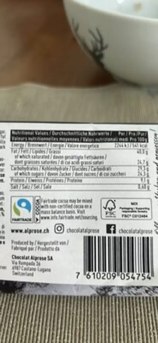 Alprose Swiss Alps Inside nutrition facts table