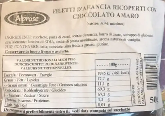 Filetti d’arancia ricoperti con cioccolato amaro nutrition facts table