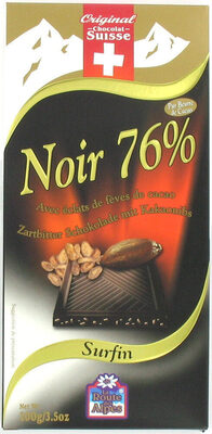 Noir 76% avec éclats de fèves de cacao front packaging