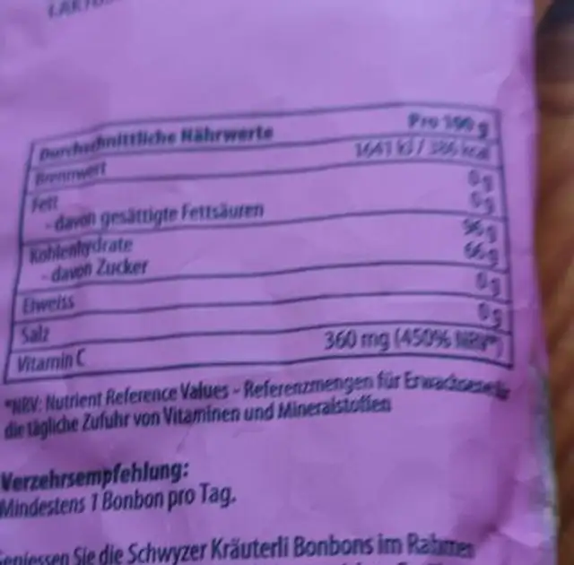 Schwyzer Kräuter Salbei nutrition facts table