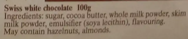Swiss White Chocolate ingredients label
