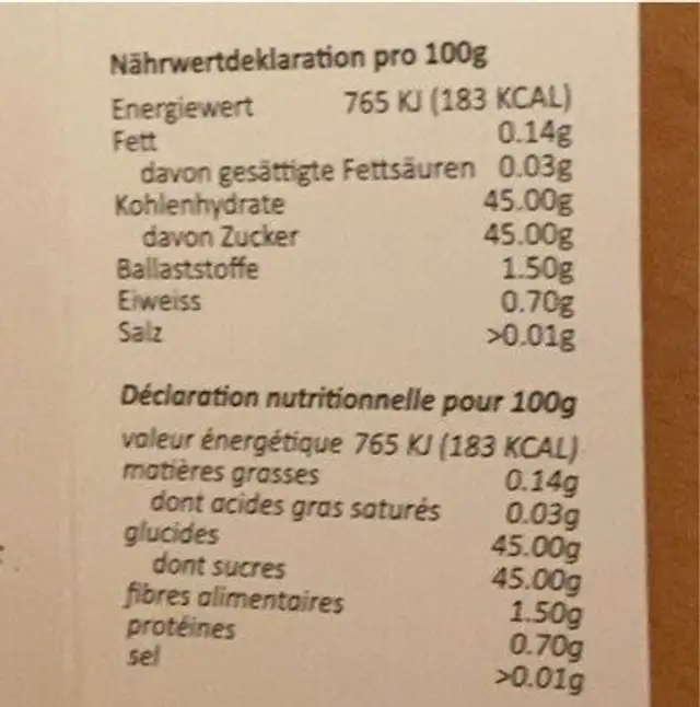 Confiture orange amère nutrition facts table