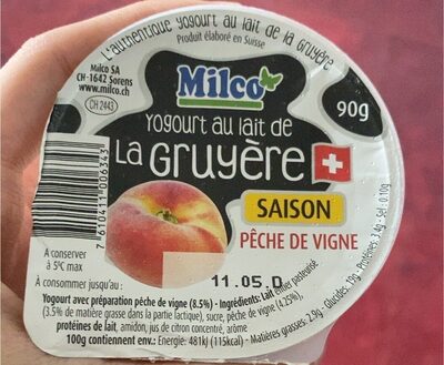 Yogourt au lait de La Gruyère saison pêche de vingne