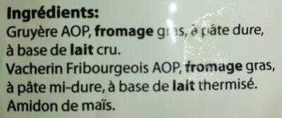 Fondue moitié-moitié Vacherin & Gruyère ingredients label