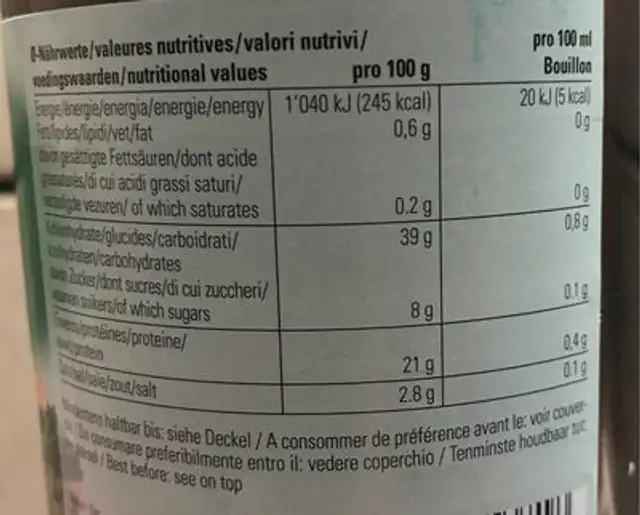 Bouillon de légumes nutrition facts table