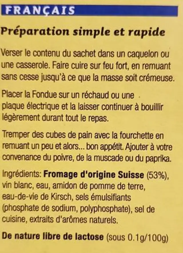 Fondue Classic ingredients label