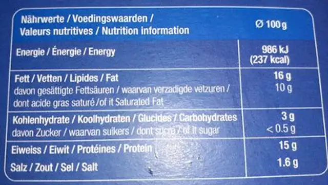 Fondue Classic nutrition facts table