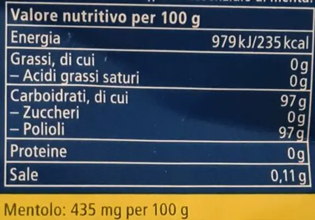 Azione Glaciale Limone e Mentolo nutrition facts table