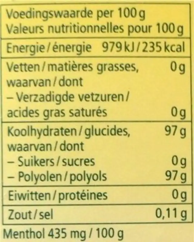 Activ’air nutrition facts table