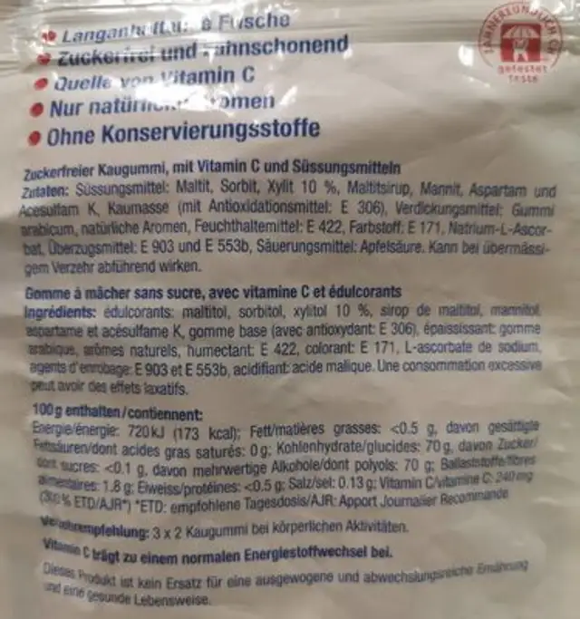 Sportmint - Originalmint - Chewing Gum nutrition facts table