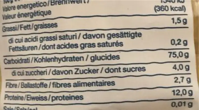 Tortiglioni nutrition facts table