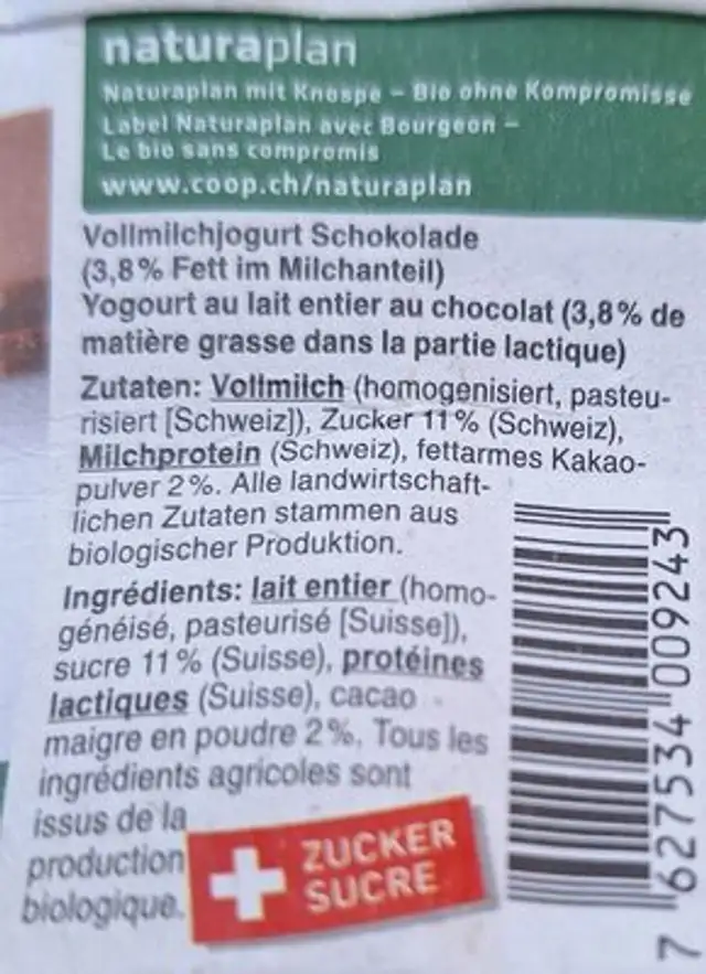 Jogurt Schokolade Bio ingredients label