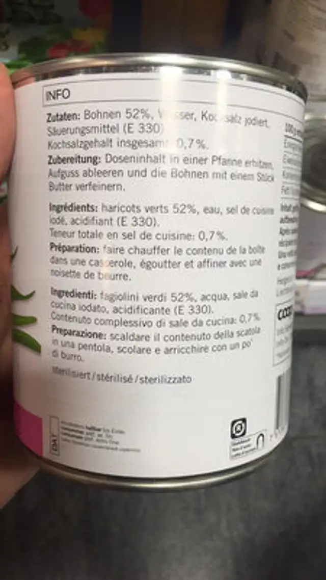 Bohnen ingredients label