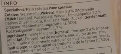 Focaccia Margherita ingredients label