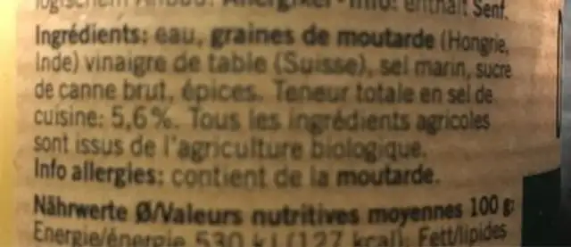 Moutarde de Dijon bio ingredients label