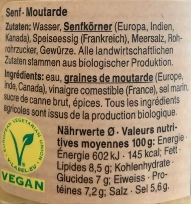 Moutarde de Dijon bio nutrition facts table