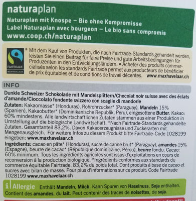 Dark chocolate with almond chips 60% cocoa ingredients label