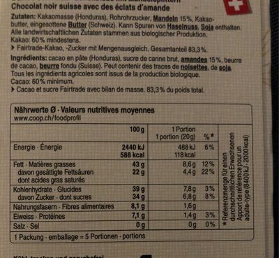 Dark chocolate with almond chips 60% cocoa nutrition facts table