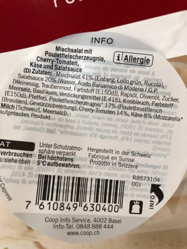Poulet Caprese ingredients label